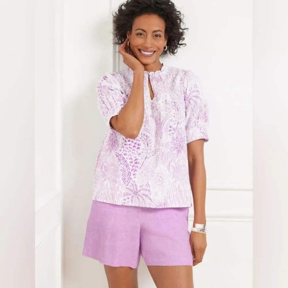 Talbot's Smocked Linen Short Sleeve Top Blissful Meadow Lavender Print Size M
